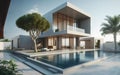 Modern luxury villa with a swimming pool surrounded by trees Royalty Free Stock Photo