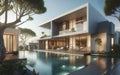 Modern luxury villa with a swimming pool surrounded by trees Royalty Free Stock Photo