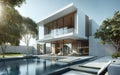 Modern luxury villa with a swimming pool surrounded by trees Royalty Free Stock Photo