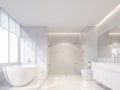 Modern luxury white bathroom 3d render,The sun is shining to inside. Royalty Free Stock Photo