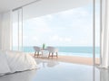 Modern luxury white bedroom with infinity pool and sea view 3d render Royalty Free Stock Photo