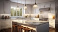 Modern luxury white classic kitchen. Large kitchen island with quartz stone countertop and wooden bar stools, wooden Royalty Free Stock Photo