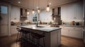 Modern luxury white classic kitchen. Large kitchen island with quartz stone countertop and bar stools, wooden floors Royalty Free Stock Photo