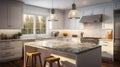 Modern luxury white classic kitchen. Large kitchen island with quartz stone countertop and bar stools, wooden floors Royalty Free Stock Photo