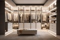 Modern luxury white walk in closet dressing room, minimal walk in wardrobe interior design. generative ai Royalty Free Stock Photo