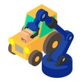 Modern machine icon isometric vector. Wheel tractor near warehouse manipulator