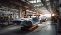 Modern machinery in large factory constructs automobiles generated by AI