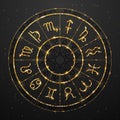 Modern magic witchcraft Astrology golden wheel with zodiac signs on space background. Realistic illustration of zodiac signs.