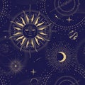 Modern magic witchcraft astrology seamless pattern with sun, stars, planets and outer space. Astrology background. Royalty Free Stock Photo