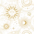 Modern magic witchcraft astrology seamless pattern with sun, stars, planets and outer space. Astrology background. Royalty Free Stock Photo