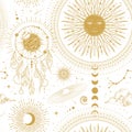 Modern magic witchcraft astrology seamless pattern with sun, stars, planets and outer space. Astrology background. Royalty Free Stock Photo