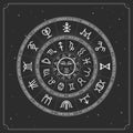 Modern magic witchcraft Astrology wheel with zodiac signs on space background. Lower and upper zodiac. Horoscope