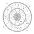 Modern magic witchcraft Astrology wheel with zodiac signs on space background. Lower and upper zodiac. Horoscope