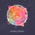 Modern magic witchcraft Astrology wheel with zodiac signs on watercolor background. Horoscope vector illustration Royalty Free Stock Photo