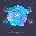 Modern magic witchcraft Astrology wheel with zodiac signs on watercolor background. Horoscope vector illustration Royalty Free Stock Photo