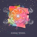 Modern magic witchcraft Astrology wheel with zodiac signs on watercolor background. Horoscope vector illustration Royalty Free Stock Photo