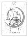 Modern magic witchcraft card with astrology Aquarius zodiac sign. Realistic hand drawing water jug illustration Royalty Free Stock Photo