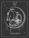 Modern magic witchcraft card with astrology Aquarius zodiac sign. Realistic hand drawing water jug illustration Royalty Free Stock Photo