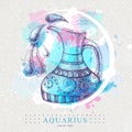 Modern magic witchcraft card with astrology Aquarius zodiac sign. Realistic hand drawing Water jug illustration Royalty Free Stock Photo