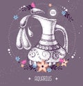 Modern magic witchcraft card with astrology Aquarius zodiac sign. Realistic hand drawing water jug illustration Royalty Free Stock Photo