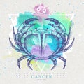 Modern magic witchcraft card with astrology Cancer zodiac sign on artistic watercolor background. Realistic hand drawing crab Royalty Free Stock Photo