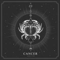 Modern magic witchcraft card with astrology Cancer zodiac sign. Realistic hand drawing crab illustration Royalty Free Stock Photo