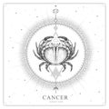 Modern magic witchcraft card with astrology Cancer zodiac sign. Realistic hand drawing crab illustration Royalty Free Stock Photo