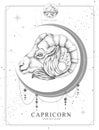 Modern magic witchcraft card with astrology Capricorn zodiac sign. Realistic hand drawing ram or mouflon head Royalty Free Stock Photo