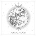 Modern magic witchcraft card with astrology full moon. Realistic hand drawing illustration of moon