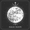 Modern magic witchcraft card with astrology full moon. Realistic hand drawing illustration of moon