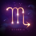 Modern magic witchcraft card with astrology glittering golden Scorpio zodiac sign on outer space background Royalty Free Stock Photo