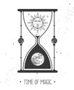 Modern magic witchcraft card with astrology hourglass with sun and moon inside. Day and nignt. Realistic hand drawing illustration Royalty Free Stock Photo