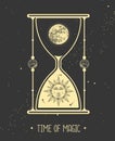 Modern magic witchcraft card with astrology hourglass with sun and moon inside. Day and nignt. Realistic hand drawing illustration Royalty Free Stock Photo