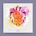 Modern magic witchcraft card with astrology Leo zodiac sign on artistic watercolor background. Lion head logo design Royalty Free Stock Photo