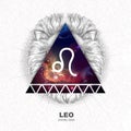 Modern magic witchcraft card with astrology Leo zodiac sign on space background. Realistic hand drawing lion head
