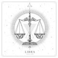 Modern magic witchcraft card with astrology Libra zodiac sign. Realistic hand drawing scales illustration Royalty Free Stock Photo