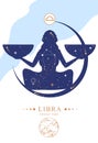 Modern magic witchcraft card with astrology Libra zodiac sign. Woman with scales silhouette.