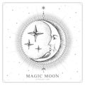 Modern magic witchcraft card with astrology moon sign with human face. Realistic hand drawing illustration of moon with human face