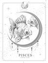 Modern magic witchcraft card with astrology Pisces zodiac sign. Realistic hand drawing koi fish illustration Royalty Free Stock Photo