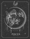 Modern magic witchcraft card with astrology Pisces zodiac sign. Realistic hand drawing koi fish illustration Royalty Free Stock Photo