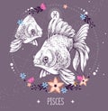 Modern magic witchcraft card with astrology Pisces zodiac sign. Realistic hand drawing koi fish illustration Royalty Free Stock Photo