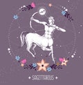 Modern magic witchcraft card with astrology Sagittarius zodiac sign. Realistic hand drawing centaur with Bow and arrow Royalty Free Stock Photo