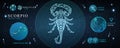 Modern magic witchcraft card with astrology Scorpio neon zodiac sign. Polygonal scorpion illustration. Zodiac characteristic