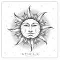 Modern magic witchcraft card with astrology sun sign with human face. Realistic hand drawing illustration of sun with human face