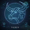 Modern magic witchcraft card with astrology Taurus neon zodiac sign. Neon bull head. Zodiac characteristic