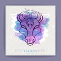 Modern magic witchcraft card with astrology Taurus zodiac sign on artistic watercolor background.  Bull head logo design Royalty Free Stock Photo