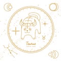 Modern magic witchcraft card with astrology Taurus zodiac sign. Cartoon zodiac sign. Funny cat
