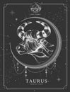 Modern magic witchcraft card with astrology Taurus zodiac sign. Realistic hand drawing bull head Royalty Free Stock Photo