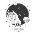 Modern magic witchcraft card with astrology Taurus zodiac sign. Realistic hand drawing bull head. Royalty Free Stock Photo