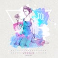 Modern magic witchcraft card with astrology Virgo zodiac sign on artistic watercolor background. Royalty Free Stock Photo